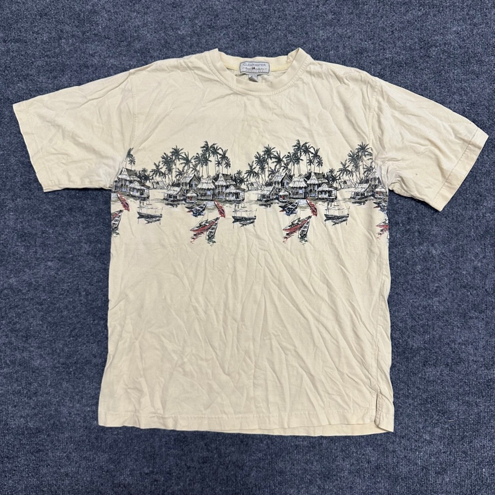 Clearwater T-Shirt Mens Size L Beige Tropical Resort Graphic Cotton Short Sleeve